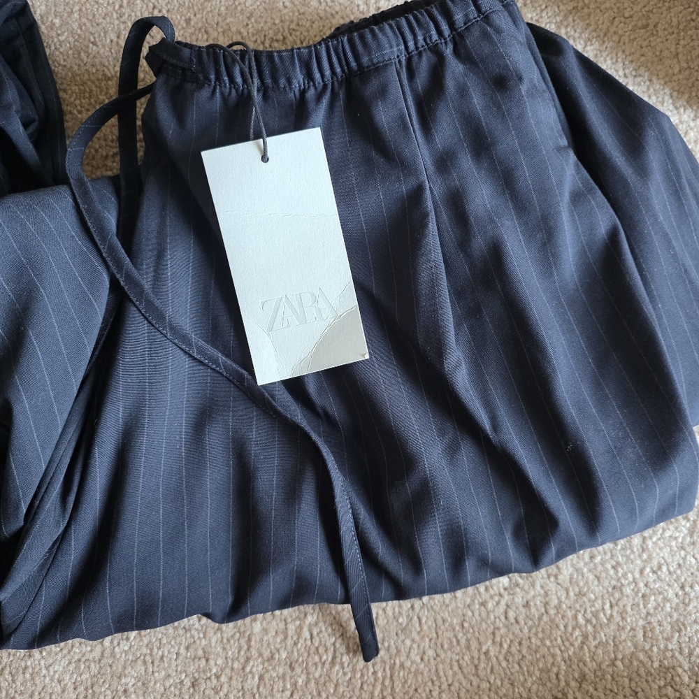 ZARA PINSTRIPE BALLOON PANTS BLUE NAVY - Picture 14 of 14